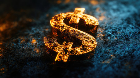 A shimmering golden dollar sign with dramatic highlights, positioned on a dark background, symbolizing wealth and financial triumph.の素材