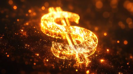 A shiny golden dollar symbol glowing brightly, symbolizing wealth and financial success, set against a dark, elegant background.の素材