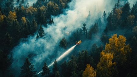 Aerial view of firefighters extinguishing a forest fire with water hoses and spray, smoke rising through the trees. No people visible.の素材