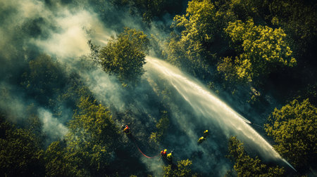 Aerial view of firefighters extinguishing a forest fire with water hoses and spray, smoke rising through the trees. No people visible.の素材