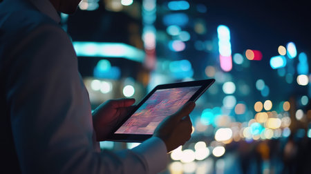Close-up of a businessman holding a tablet with charts displayed, representing innovation and modern technology.の素材