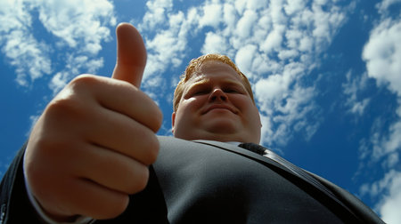 Close-up of a man in a suit giving a thumbs-up with a backdrop of blue skies and clouds, symbolizing limitless possibilities.の素材