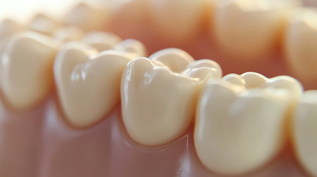 Close-up of natural, straight teeth with a slight smile, focusing on dental health and hygiene. No people included.の素材