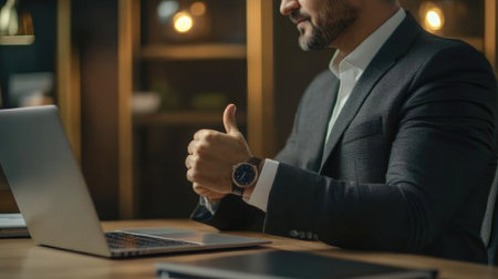 Close-up of a confident man in a suit giving a thumbs-up while seated at a desk with a laptop, symbolizing work achievement.の素材