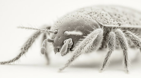 Extreme close-up of a dust mite, showcasing its tiny legs and textured body, isolated on a clean white background.の素材