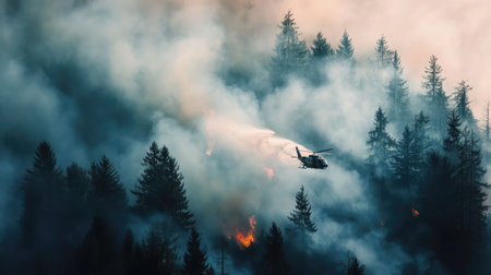 Scene of a forest fire being doused by water from aerial firefighting aircraft, with dramatic smoke and fire contrast.の素材