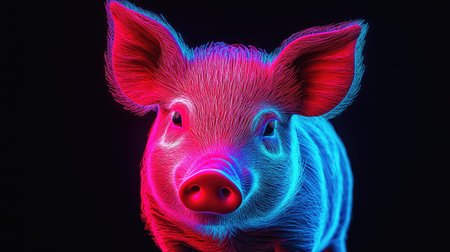 Close-up of a glowing neon piglet silhouette in vibrant pink and blue hues, standing against a black background.の素材