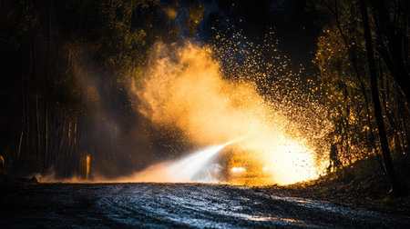 Nighttime scene of a forest fire being suppressed by water jets, glowing embers and smoke illuminated in the darkness.の素材