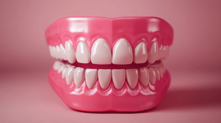 Isolated close-up of teeth in perfect alignment, emphasizing hygiene and dental aesthetics on a clean backdrop.の素材