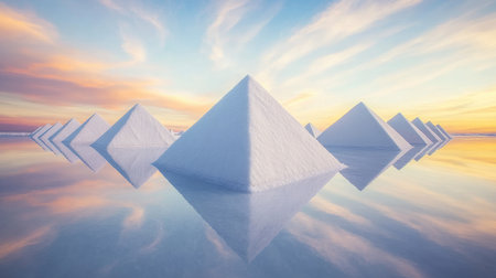 Close-up of crystalline salt piles arranged symmetrically on a salt farm, with the reflections of the sky in shallow water.の素材