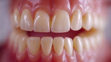 Close-up of a slightly open mouth revealing straight, white teeth and vibrant gums on a pure white background.の素材