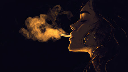 Side profile of a woman exhaling cigarette smoke, with soft lighting highlighting the smoky atmosphere.の素材