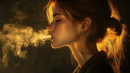 Side profile of a woman exhaling cigarette smoke, with soft lighting highlighting the smoky atmosphere.の素材