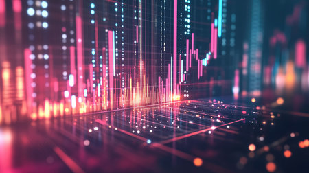 A 3D graph with ascending bars and arrows, illustrating rapidly increasing trading success, with a clean white background for clarity.の素材
