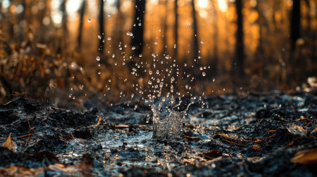 Focused image of water droplets extinguishing flames on scorched forest ground, with charred vegetation in the background.の素材