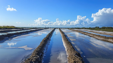 Expansive view of a coastal salt farm, with shallow water reflecting the sky and neatly aligned piles of harvested salt.の素材