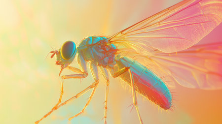 Macro image of a fly translucent wings and segmented abdomen, highlighted against a bright, solid background.の素材