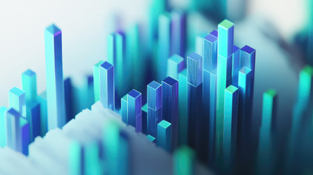 A 3D chart with rising blue and green bars, signifying the success of trading, displayed on a stark white background.の素材