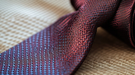 A close-up of a well-tied silk tie in a rich burgundy color, with fine patterns, set against a neutral background for a professional look.の素材
