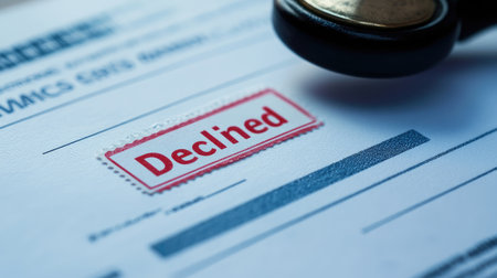 A close-up of a "Declined" stamp on a loan application form, symbolizing financial rejection.の素材