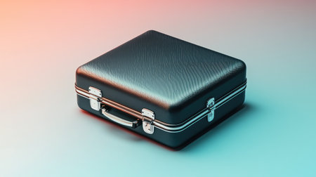 A compact black suitcase with metallic trim, set on a subtle gradient light-colored background, representing modern business style.の素材