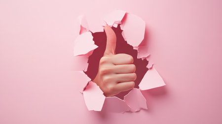 A cheerful thumbs-up breaking through a soft pink paper wall, with sharp rips and scattered pieces, symbolizing optimism and achievement.の素材