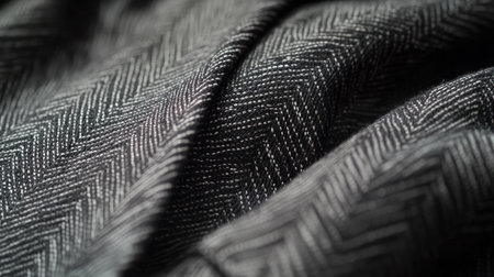 A close-up of a tie with a herringbone pattern in a deep charcoal color, showcasing its intricate weave and luxurious appeal.の素材