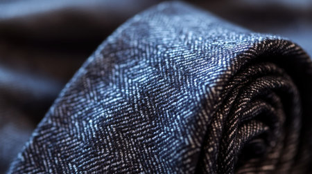 A close-up of a tie with a herringbone pattern in a deep charcoal color, showcasing its intricate weave and luxurious appeal.の素材