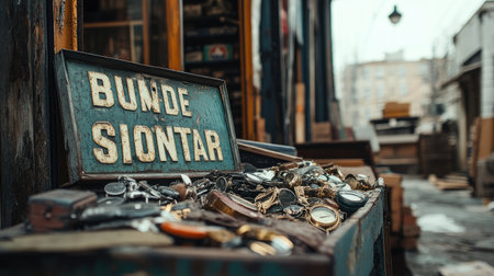 A close-up of a pawnshop sign and a pile of valuable items being sold, symbolizing financial distress.の素材