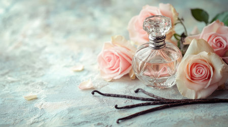 A vintage-style perfume bottle with pink roses and vanilla beans artistically placed on a lightly textured surface. No people.の素材