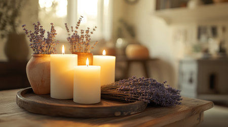 A tranquil scene with candles on a reclaimed wood tray, accented by rustic pottery and dried lavender under soft, warm lighting. No people.の素材