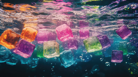 Multicolored ice cubes floating beneath the water, with vibrant light effects and bubbles creating a lively underwater scene. No people.の素材