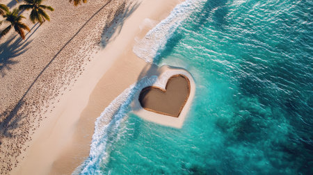 Romantic heart-shaped sand formed naturally by ocean waves on a serene tropical beach, with palm shadows in the background. No people.の素材