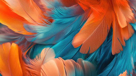 Artistic composition of orange and blue feathers overlapping, with soft lighting emphasizing their radiant hues.の素材