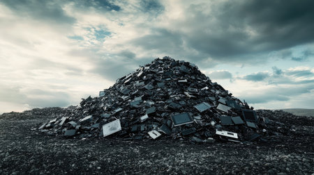 A towering pile of discarded electronics in an open area, surrounded by a cloudy sky, emphasizing environmental concerns. No people.の素材