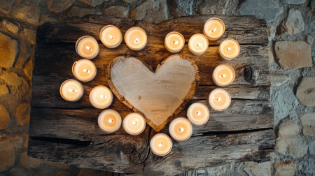 Glowing candles arranged in a heart shape on rustic wood, their soft light creating a warm and intimate ambiance. No people.の素材