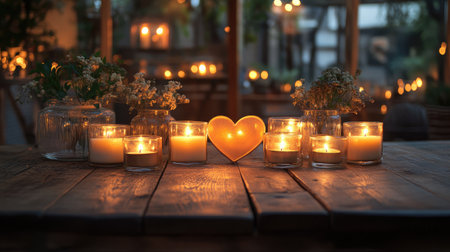Candlelight in a heart-shaped design on a rustic wooden table, creating a serene and romantic atmosphere. No people.の素材