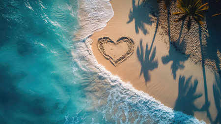 Romantic heart-shaped sand formed naturally by ocean waves on a serene tropical beach, with palm shadows in the background. No people.の素材