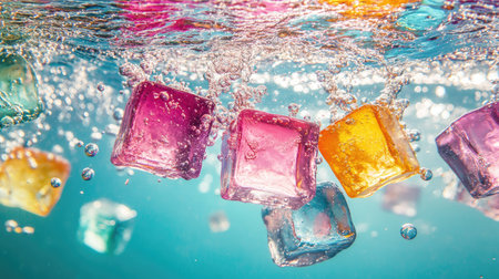 Assorted bright ice cubes under clear water, with bubbles gently rising and light refracting through the colors. No people.の素材
