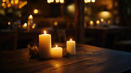 Candlelight flickering gently in a rustic setting, complemented by wooden textures, muted colors, and simple, natural decor. No people.の素材
