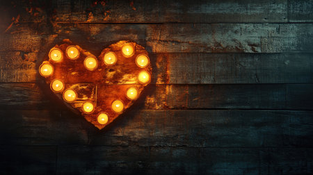 Flickering candles forming a glowing heart on a textured wooden backdrop, with warm tones emphasizing romance. No people.の素材