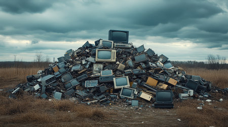 Old electronics and gadgets forming a massive pile in an open field, with a somber cloudy sky adding depth to the scene. No people.の素材