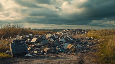 Piles of electronic waste covering an open field, with a moody cloudy sky creating a stark environmental scene. No people.の素材