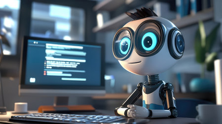 A modern office environment where a 3D AI projection emerges from a desktop screen, engaging with a curious user.の素材