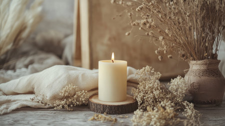 Rustic decor with a lit candle, surrounded by dried flowers, wooden accents, and soft fabrics, creating a calming ambiance. No people.の素材