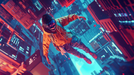 A creative setup where a gamer is immersed in gameplay as a 3D AI character leaps out of the screen, vivid and lifelike.の素材