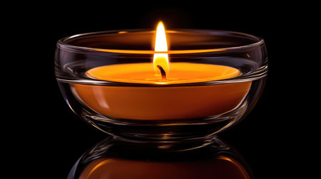 Close-up of an orange candle flame dancing in a glass holder, radiating a soothing warmth in the surrounding darkness.の素材
