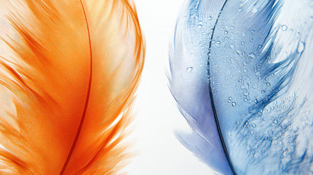 Artistic macro view of orange and blue feathers side by side, highlighting their bold colors and delicate textures.の素材