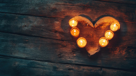 Glowing candles arranged in a heart shape on rustic wood, their soft light creating a warm and intimate ambiance. No people.の素材