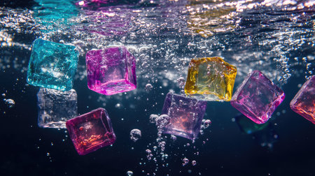 Radiant ice cubes in vivid hues sinking underwater, bubbles forming trails as they rise to the surface. No people.の素材